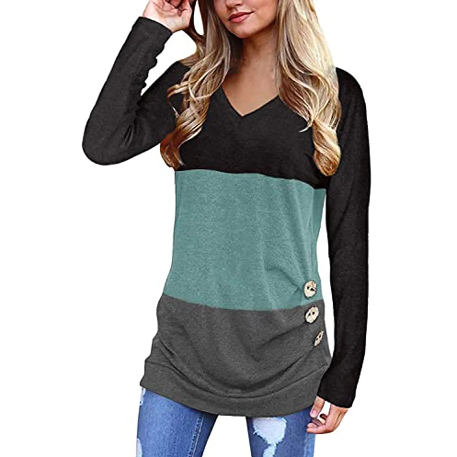 V-Neck Solid Color Long-Sleeved Women's Top