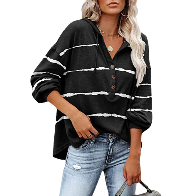V-neck Buttoned Casual Hooded Top