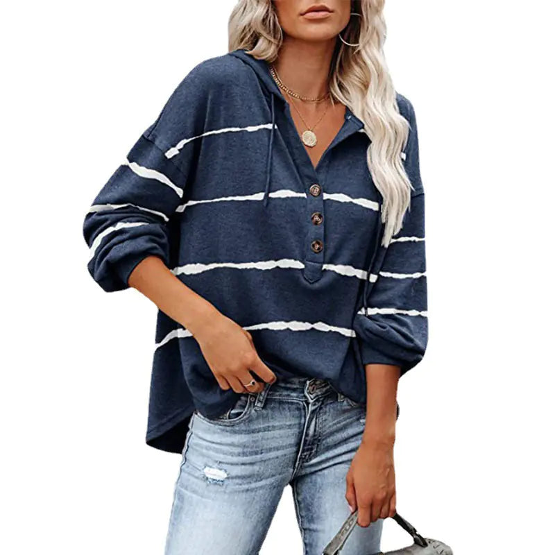 V-neck Buttoned Casual Hooded Top
