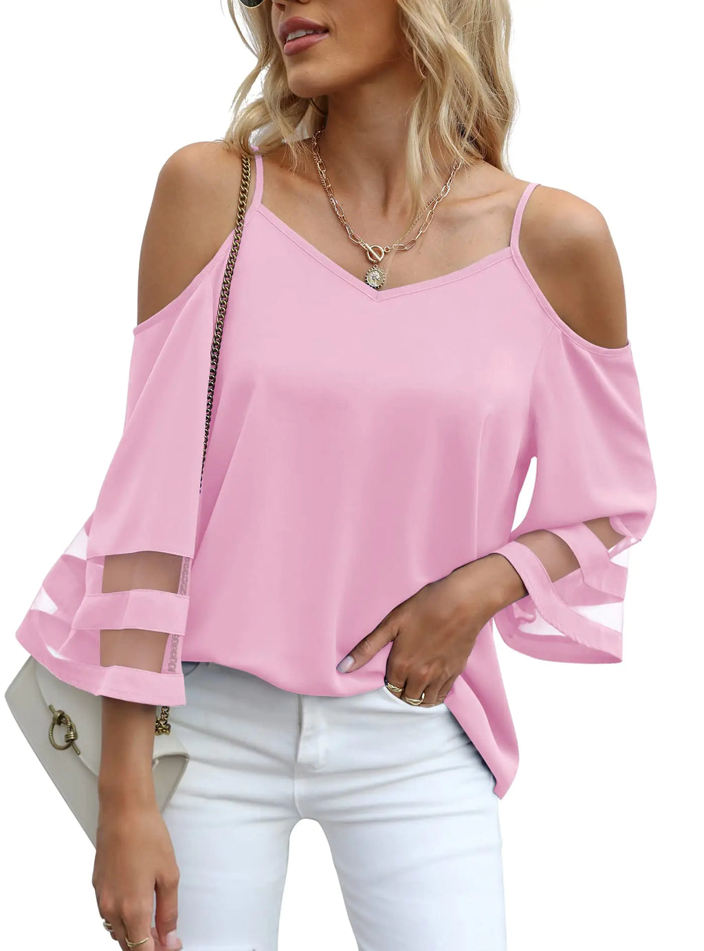 Jouica Cold Shoulder Tops for Women Womens Tops Dressy Casual Summer Tops for WomenLight PinkX-Large