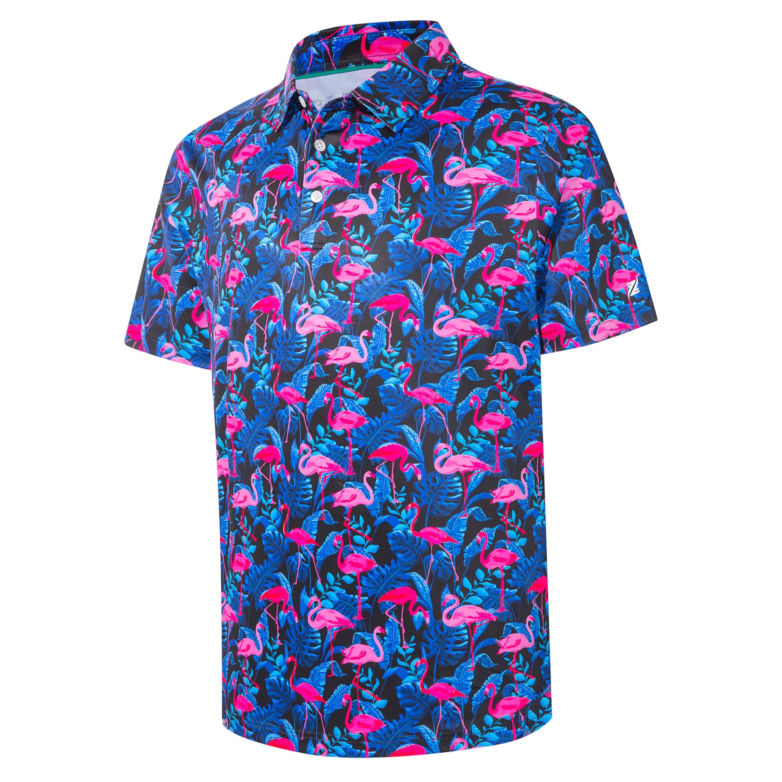Mens Golf Shirts for Mens Polo Shirts Moisture Wicking Blue Leaf Flamingo Print Collared Mens Golf Polo Shirts Short Sleeve Dry Fit Polo Shirts for Men Small