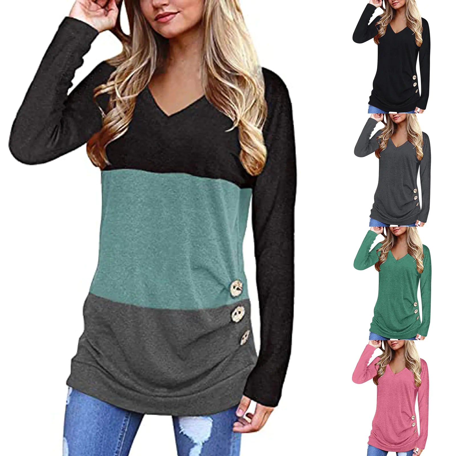 V-Neck Solid Color Long-Sleeved Women's Top