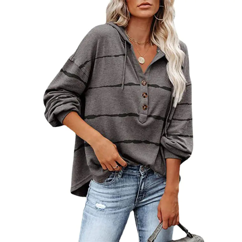 V-neck Buttoned Casual Hooded Top
